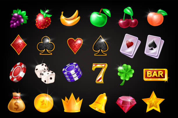 Casino slot game vector icon set, gambling machine UI badge kit, golden award crown, glossy fruit. Classic Vegas jackpot symbol, lucky bonus chips, playing cards, bar sign. Shiny 3D casino icon assets slot stock illustrations