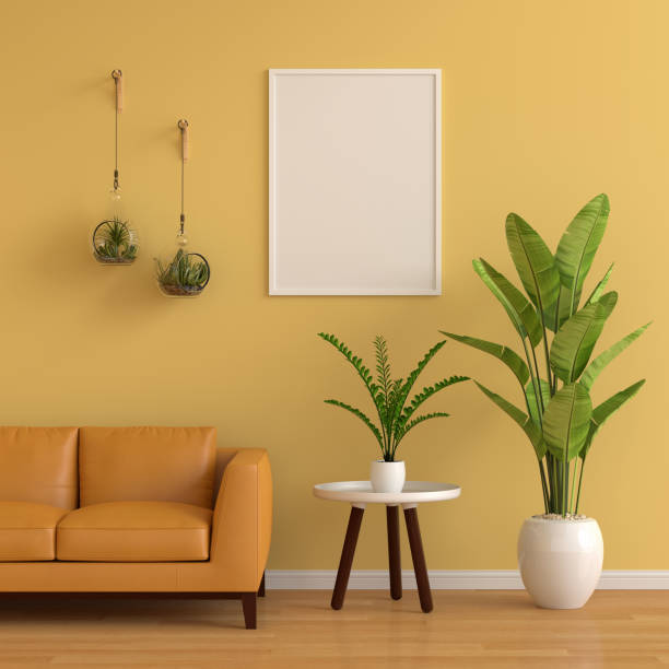 Blank photo frame for mockup on wall in living room, 3D rendering