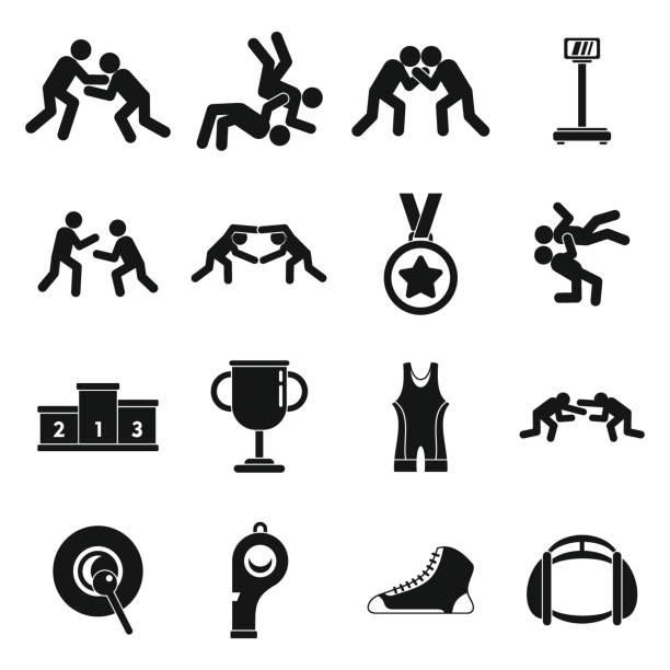 ilustraciones, imágenes clip art, dibujos animados e iconos de stock de conjunto de iconos de lucha grecorromana, estilo simple - wrestling