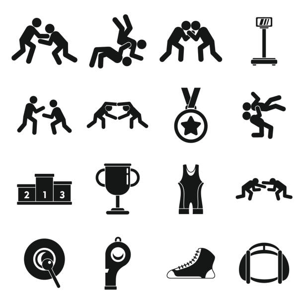 Greco-Roman wrestling icons set, simple style Greco-Roman wrestling icons set. Simple set of Greco-Roman wrestling vector icons for web design on white background wrestling stock illustrations