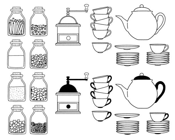 카페 세트의 필기 일러스트레이션. 선화. - black tea dishware plate cup stock illustrations