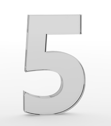 3D rendering of Number 5 made of sparkling gold with reflection isolated on white background.