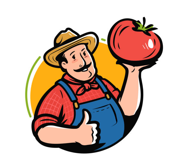 トマトのエンブレムが描かれた漫画農家のキャラクター。新鮮な有機野菜のロゴベクターイラスト - farmers market点のイラスト素材／クリップアート素材／マンガ素材／アイコン素材