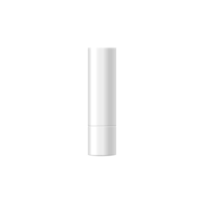 Lip balm closed stick packaging mockup template, realistic vector illustration isolated on white background. Lip balm or lipstick plastic tube container.