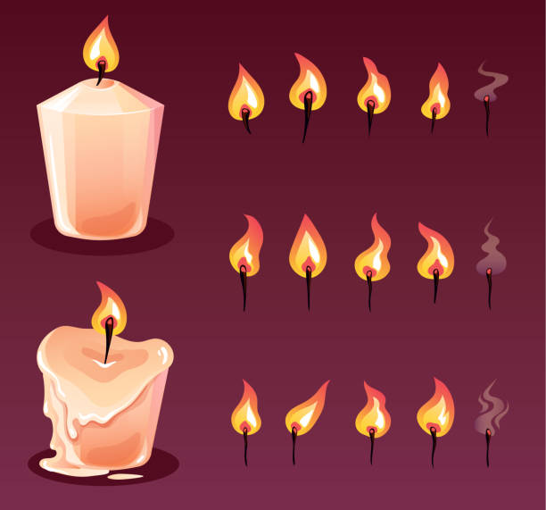 ilustrações, clipart, desenhos animados e ícones de vela inteira e meia queima com diferentes tipos de chama. conjunto de ilustração de desenho animado de design gráfico plano vetor - burning down