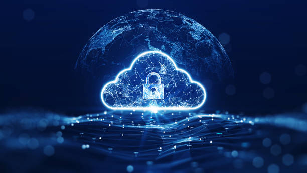 クラウドコンピューティング技術の概念をクラウドに転送します。濃い青色の背景を持つポリゴンの上の抽象的な世界の中央に目立つ大きな雲のアイコンがあります。 - セキュリティ ストックフォトと画像