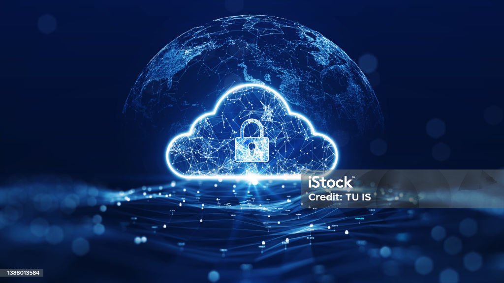 cloud computing technology concept transfer database to cloud. There is a large cloud icon that stands out in the center of the abstract world above the polygon with a dark blue background. Security Stock Photo