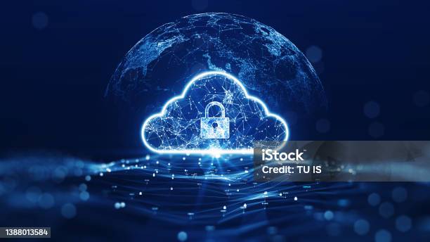 Cloud Computing Technology Concept Transfer Database To Cloud There Is A Large Cloud Icon That Stands Out In The Center Of The Abstract World Above The Polygon With A Dark Blue Background Stock Photo - Download Image Now