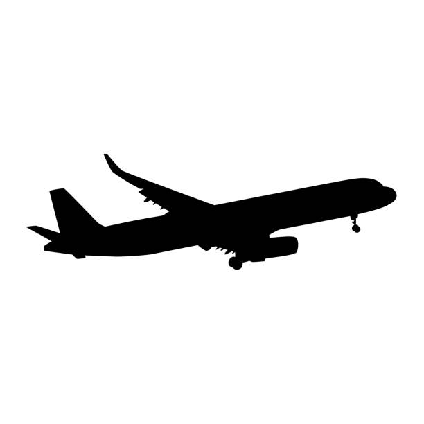 Taking off airplane silhouette isolated vector illustration Taking off airplane silhouette isolated vector illustration. Black outline air vehicle. Passenger Boeing in flight airplane silhouettes stock illustrations