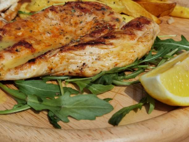 istock chicken steak potatoes lemon lettuce knife 1388014242