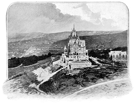 Schloss Drachenburg at the city of Königswinter in North Rhine-Westphalia, Germany. Vintage halftone etching circa 19th century.