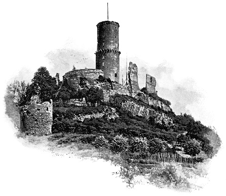 Godesburg Castle ruins at the town of Bad Godesburg in North Rhine-Westphalia, Germany. Vintage halftone etching circa 19th century.