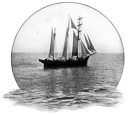 Historical three masted schooner tall ship in the North Sea. Vintage halftone etching circa 19th century.