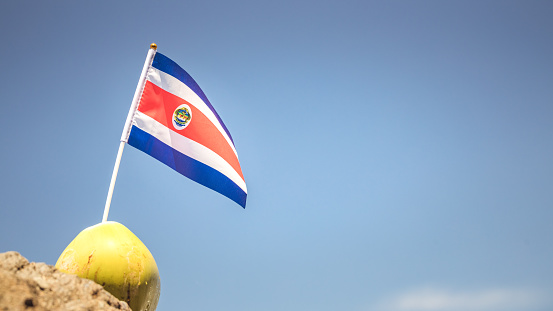 Coconut with Costa Rica flag on sky background, Central America Country Symbol, blank space