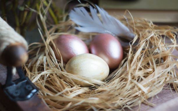 istock Pink and yellow Easter eggs in nest on wooden background.  Minimal easter concept. Easter card with copy space for text. 1388018680