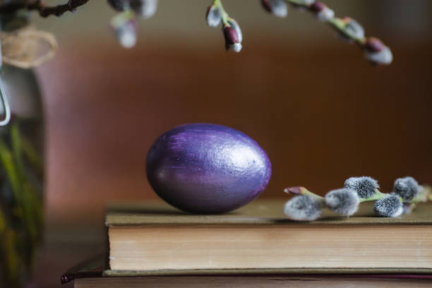 um buquê de salgueiro e ovos de páscoa em um ninho em um fundo de madeira. o conceito de uma feliz páscoa brilhante. - close up table brown dieting - fotografias e filmes do acervo