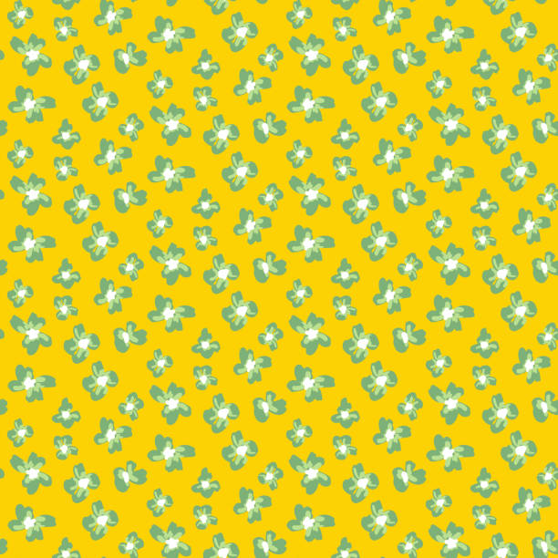 Little ditsy daisy seamless repeat pattern. Random placed, vector millefleurs floral all over surface print on yellow background. cottagecore stock illustrations