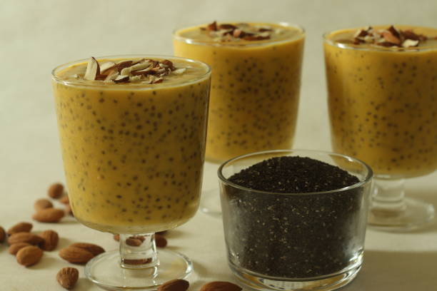 istock Milkshake with alphonso mango and chia seeds, garnished with sliced almonds 1388021492