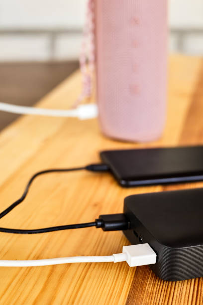 istock Powerbank charges smartphone and portable speaker using usb. Close-up, selective focus 1388024393