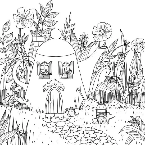 Vector illustration of Teapot house in the forest with flowers and well.