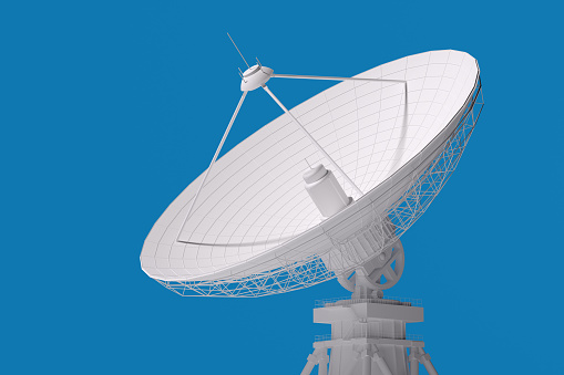 3d model of a parabolic antenna for transmitting and receiving information isolated on a blue background.