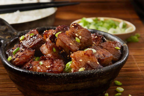 Chinese Braised Pork Belly Chinese Braised Pork Belly with White Rice hoisin sauce stock pictures, royalty-free photos & images