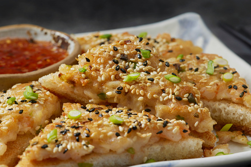 Asian Inspired Sesame Shrimp and Crab Toast with a Sweet Chili Sauce