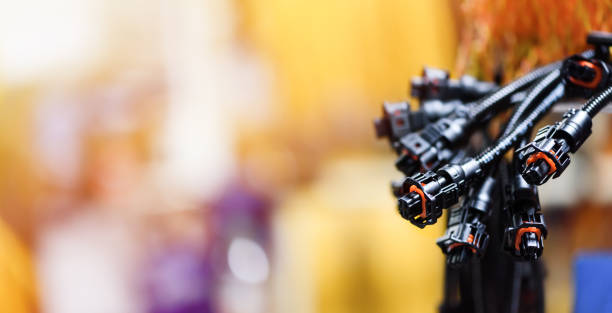 bunch of wiring harnesses. automobile industry. panoramic industrial background with copy space - säkerhetssele bildbanksfoton och bilder