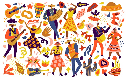 Festa junina. Brazil folk festival, latino winter onset, 13 june party elements, bright people in traditional clothes and hats, national dances and decorations vector cartoon doodle style isolated set