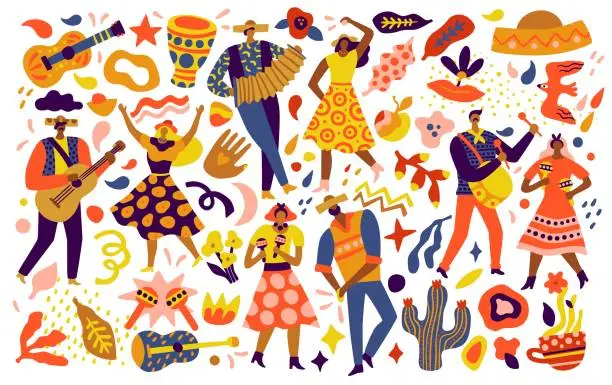 Vector illustration of Festa junina. Brazil folk festival, latino winter onset, 13 june party elements, bright people in traditional clothes and hats, national dances and decorations, vector cartoon doodle set