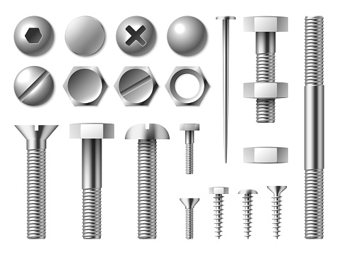 Realistic metal bolts. Steel nuts and screws. Silver nails or rivets. Round or hexagonal metallic caps. Isolated chrome fixing devices. Repair tools. Hardware collection. Vector fastening elements set
