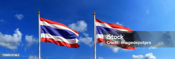 Close Up Two Thailand Flag At Flagpole Over Sunny Blue Sky Stock Photo - Download Image Now