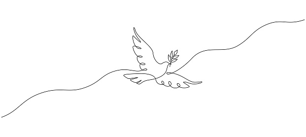 One continuous line drawing of dove with olive branch. Bird symbol of peace and freedom in simple linear style. Concept for national labor movement icon. Editable stroke. Doodle vector illustration.