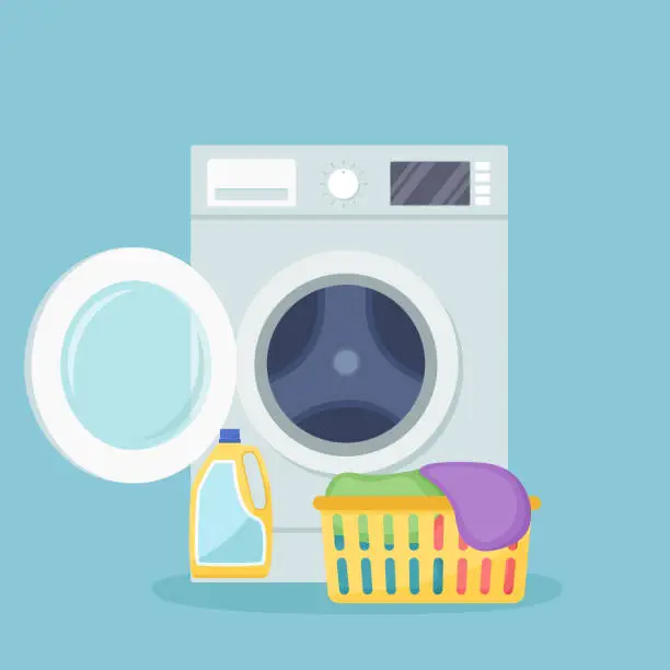 Vector illustration of Washing machine with open door, basket with dirty linen, detergent. Vector illustration