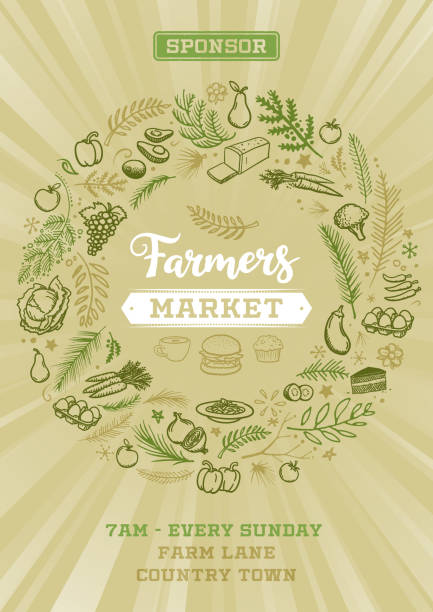 ilustrações de stock, clip art, desenhos animados e ícones de farmers market poster - agricultural fair illustrations