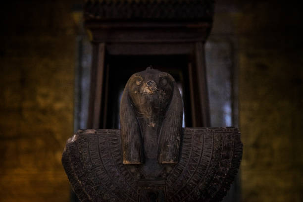 solar barque and naos of nectanebo ii in the sanctuary at the temple of edfu in edfu, egypt - ancient egyptian culture egyptian culture sailing ship ancient imagens e fotografias de stock