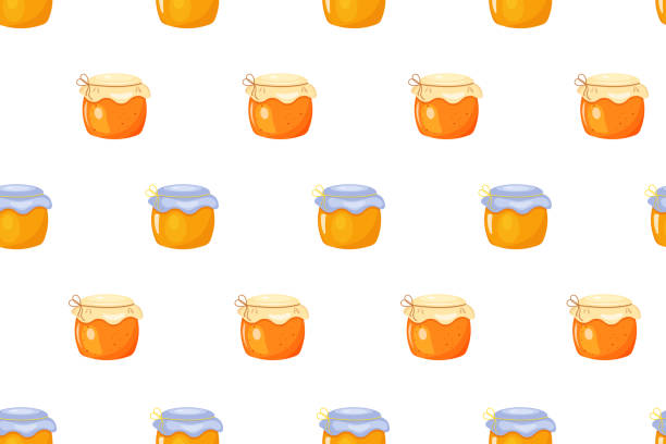 ilustraciones, imágenes clip art, dibujos animados e iconos de stock de patrón de miel sin costuras. frascos de mermelada de colores de dibujos animados sobre fondo blanco. - winnie the pooh