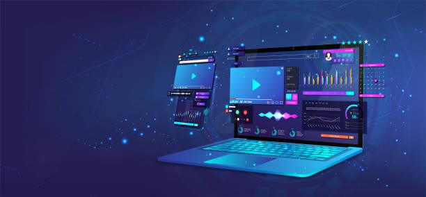 Video content on 3D laptop and Mobile Phone Video content on 3D laptop and Mobile Phone. Concept - webinar, online promotion, conference, training, working online using a laptop and smartphone, video marketing, creation of videos. Vector technology backgrounds video stock illustrations