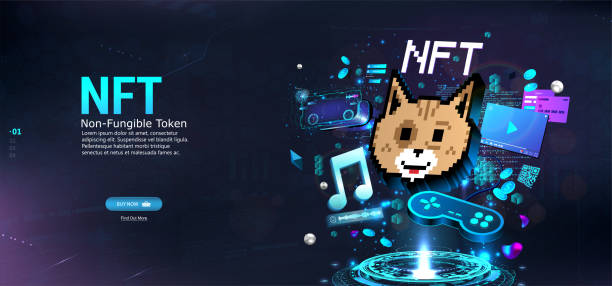 NFT token in crypto artwork. Banner Non-fungible token NFT token in crypto artwork. Banner Non-fungible token with aspects of intellectual property. NFT token in blockchain technology in digital crypto art. ERC20. 3D hologram with Cryptocurrency and art blockchain clipart stock illustrations