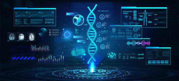 하이테크 의료 진단. hud, ui, gui 인터페이스 및 dna 스캔 - abstract dna backgrounds education stock illustrations