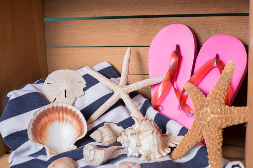 Vacation Holiday at the beach collecting sea shells.  Starfish, conch and scallop seashells with pink flip flops on navy and white beach towel.