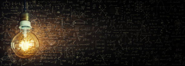 Glowing lamp as a symbol of scientific thought against the background of physical and mathematical formulas. Science and education background. stock photo