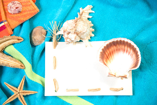 Vacation Holiday at the beach collecting sea shells.  Starfish  and conch shells on orange and turquoise beach towels.  Blank card trimmed in raffia on the sides.  Ready for your text.