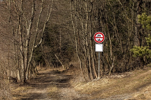 road sign no entry on access forest road in Czech Republic. no entry into the forest. Private forest path