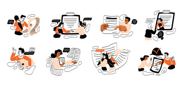 Set of people signing paper and digital contract Set of people signing paper and digital contract. Men and women enter into agreement or partnership deal. Metaphor of concluding contract. Cartoon flat vector collection isolated on white background signature collection stock illustrations