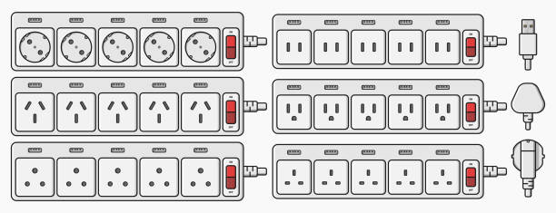 power strip extension cord outlet plug set vector flat illustration power strip extension cord outlet plug set vector flat illustration gang socket stock illustrations