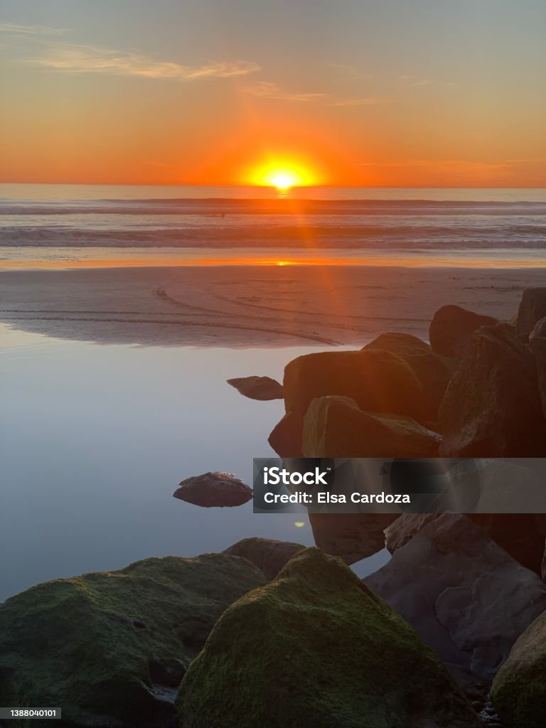 January Sunset Red Sky Oceanside - California Stock Photo