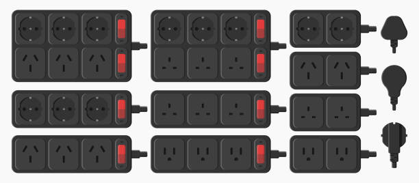 power strip extension cord outlet plug set vector flat illustration power strip extension cord outlet plug set vector flat illustration gang socket stock illustrations