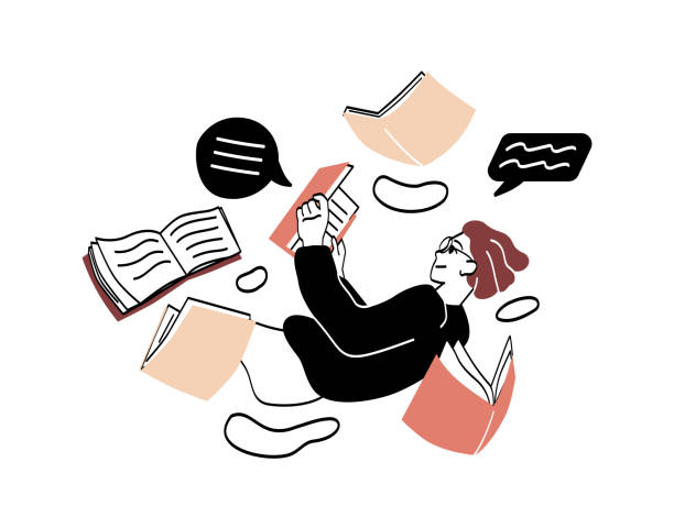 ilustrações de stock, clip art, desenhos animados e ícones de literature fan with books concept - woman with glasses reading a book
