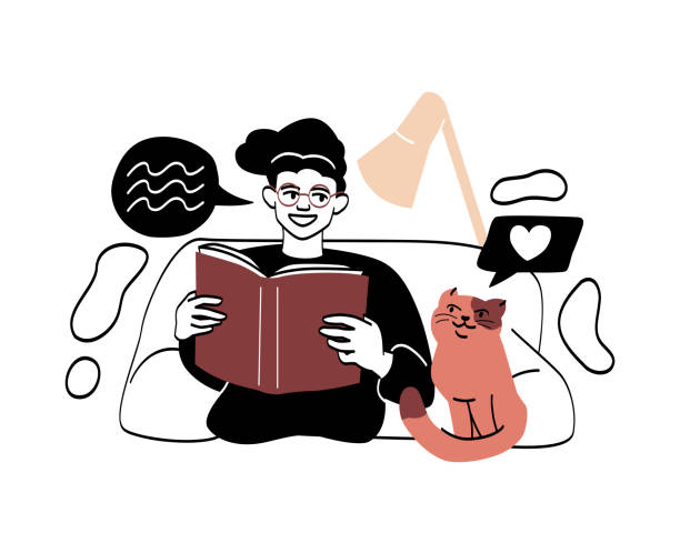 Literature fan with books abstract concept Literature fan with books abstract concept. Woman with glasses sitting on sofa with cat and reading interesting book. Hobbies or relaxing at home. Cartoon flat vector illustration in doodle style simple cat line art stock illustrations
